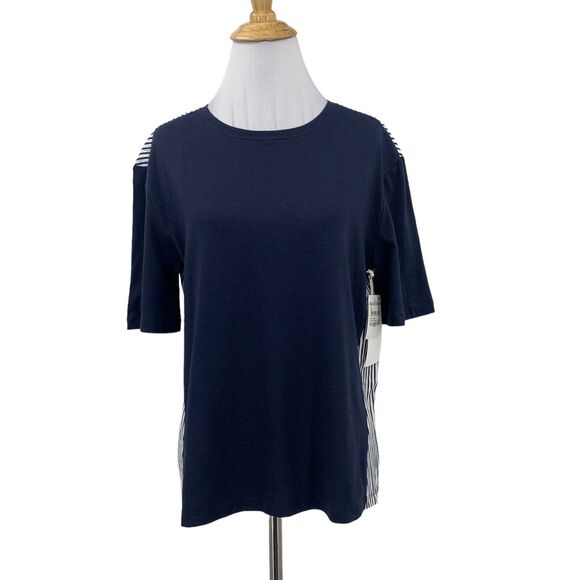 Nordstrom Mixed Media T Shirt Womens XS Navy Night Samba Striped Contrast Crew - Picture 1 of 13